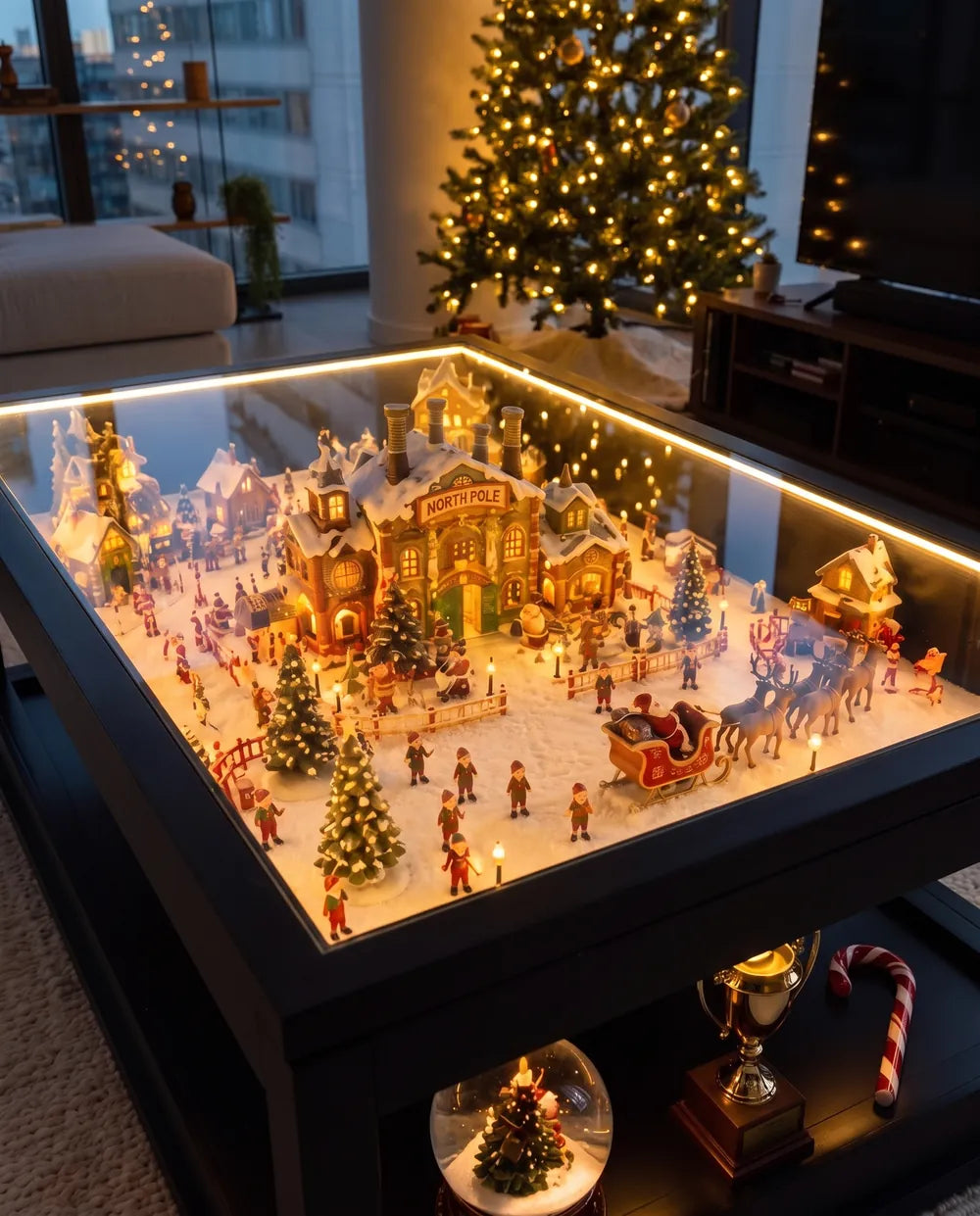 Warm nighttime close view of the lit North Pole village glowing under the glass top